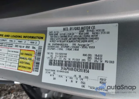 2013 Ford Fusion Se из США, поврежденный, VIN 3FA6P0HR4DR201856